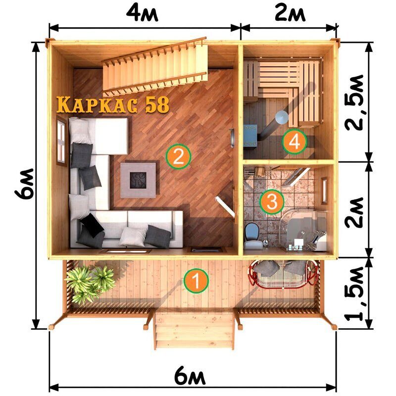 Каркасная баня с мансардой 6х6 проект и