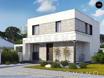 Проект современного двухэтажного дома из газобетона с плоской крышей, четырьмя комнатами и угловым остеклением гостиной