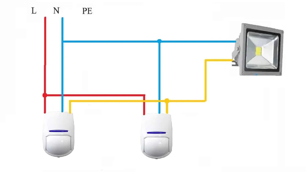 Подключение датчика движения к лампочке. Схема подключения датчика движения с несколько и лампы. Схема подключения инфракрасного датчика движения через выключатель. Схема подключения датчика света и датчика движения для освещения. Схема параллельного подключения датчиков движения.