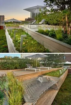 Гамак! На берегу Sloped Backyard, Backyard Garden, Back Gardens, Outdoor Gardens, Rooftop Gardens, Rooftop Deck, Rooftop Chicago, Wooden Planters