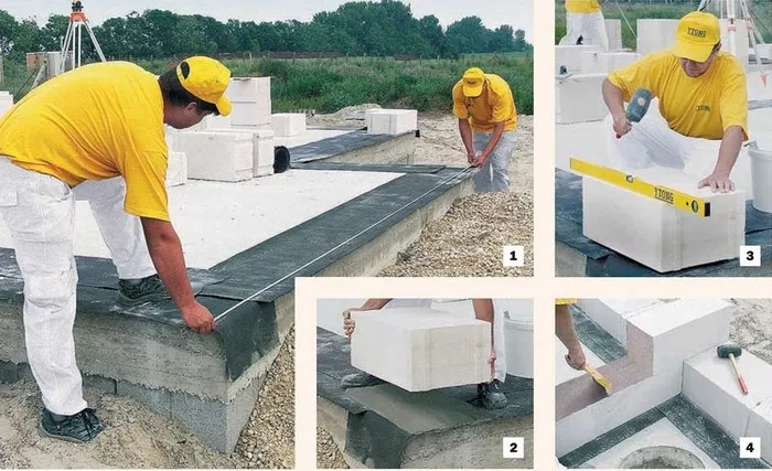кладка первого ряда газобетона