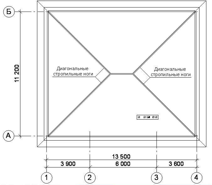 Расположение диагональных стропильных ног на плане