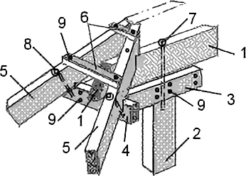 Опорный узел крепления диагональных стропильных ног на коньковый прогон без опоры на подкосы для вальмового ската