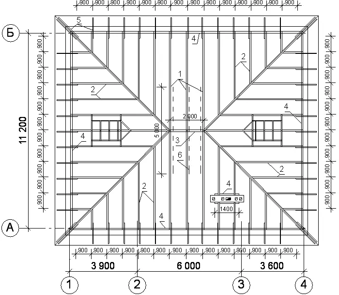План стропильной системы вальмовой крыши