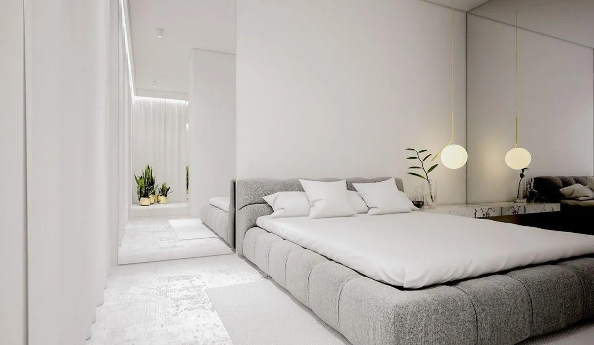 Спальня в стиле минимализм в светло-серых тонах