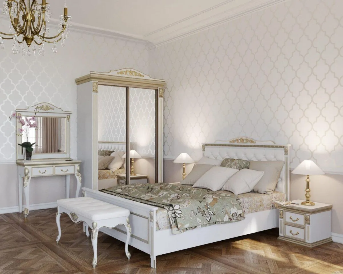 Светлая спальня в классическом стиле с узорными обоями 
