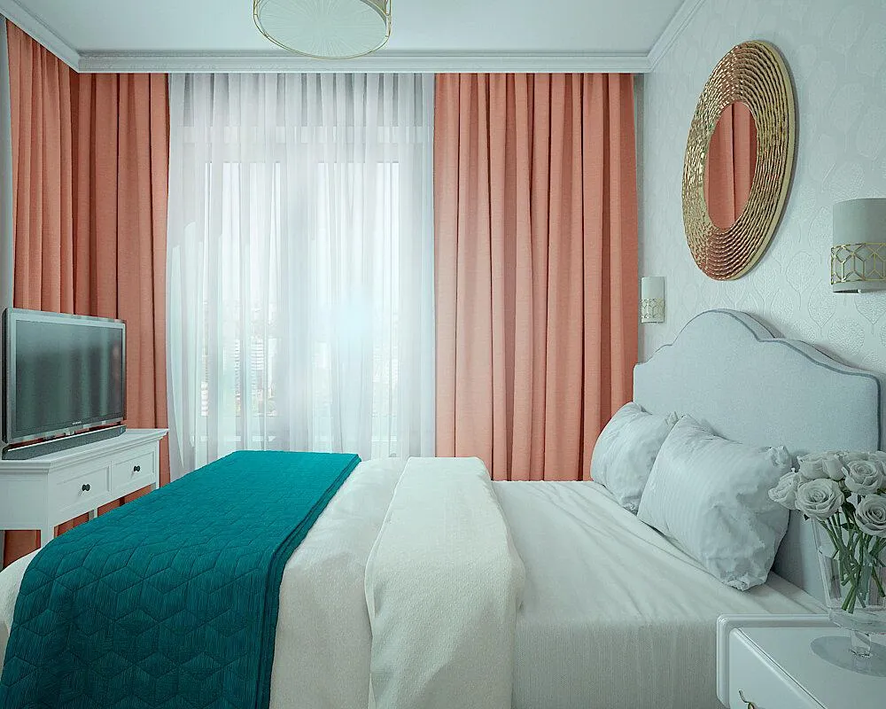 Голубая спальня с коралловыми шторами
