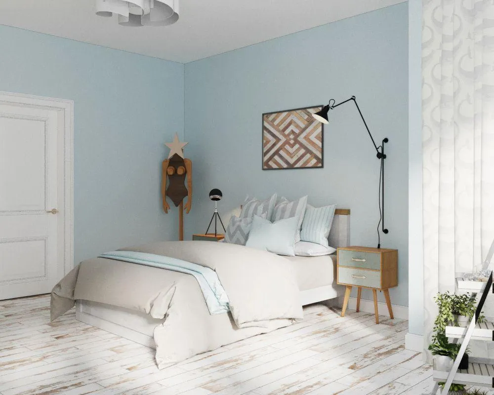 Светло-голубая спальня в стиле сканди