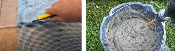 Резать пенополистирол удобно канцелярским ножом. Им же раскраиваем армирующую сетку из стекловолокна. Разводим клей, его удобно размешивать дрелью. Фото с канала: Песни Яши Косяка