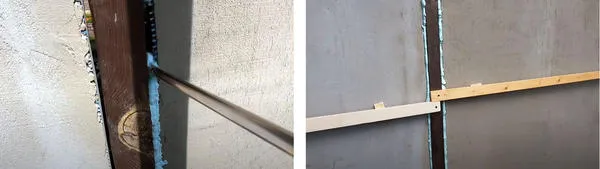 Стеновой блок установлен в проем и запенен по периметру, чтобы блок не вывалился пока пена сохнет, блок зафиксирован бруском. Фото с канала: Песни Яши Косяка