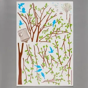 Наклейка пластик интерьерная цветная "Деревце с клеткой и птичками" 60х90 см