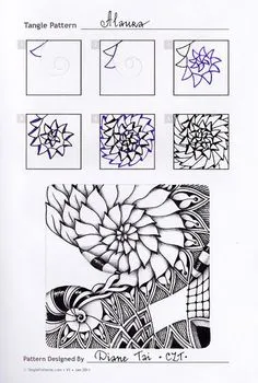 Zentangle. Обучение. Формат страницы А5. Гелевая ручка, карандаш. Шаблон с сайта TanglePatterns.com. Doodle Designs, Mandala Pattern
