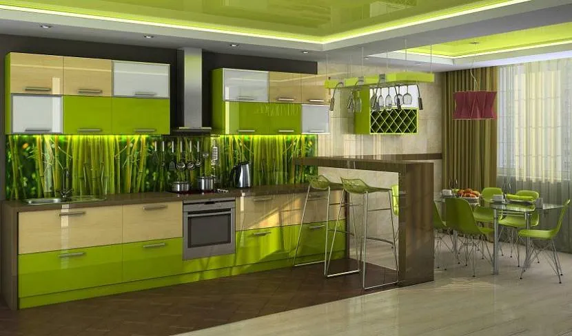 Зеленая кухня со столовой