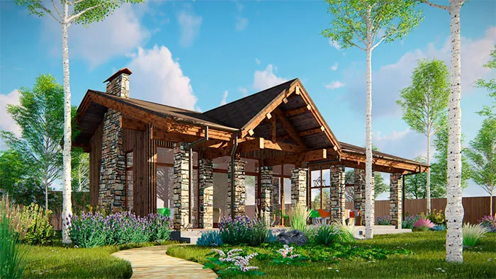 Проект беседки из камня из дерева с печью