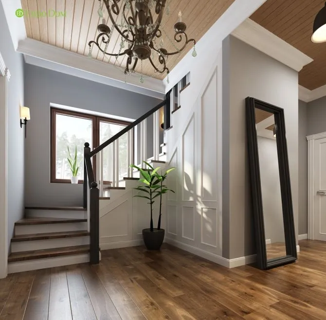 Лестничный холл в коттедже. Фото внутри