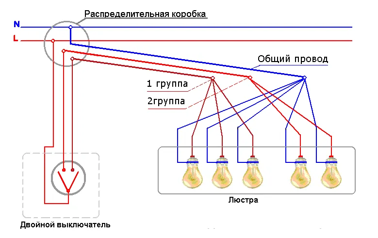 подключение люстры на двойной выключатель