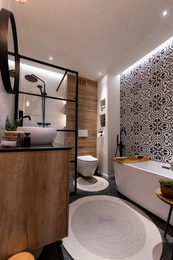 современная ванная комната как оформить кафельный дизайн с рисунком