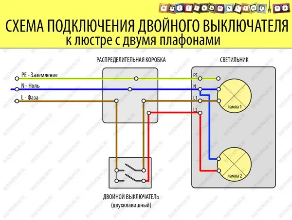 схема подключения двойного выключателя к светильнику с двумя лампами