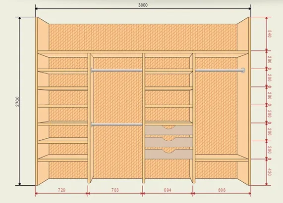 Чертеж шкафа-купе шириной 3 метра