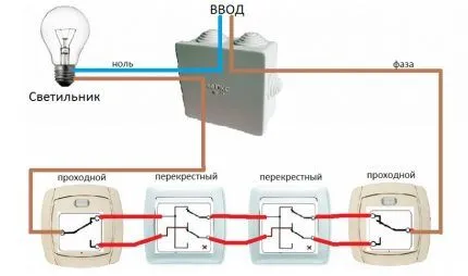 Схематика с двумя промежуточными выключателями Схематика с двумя промежуточными выключателями