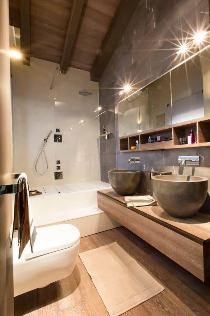 Натуральность и практичность - основные критерии оформления интерьера ванной в стиле шале