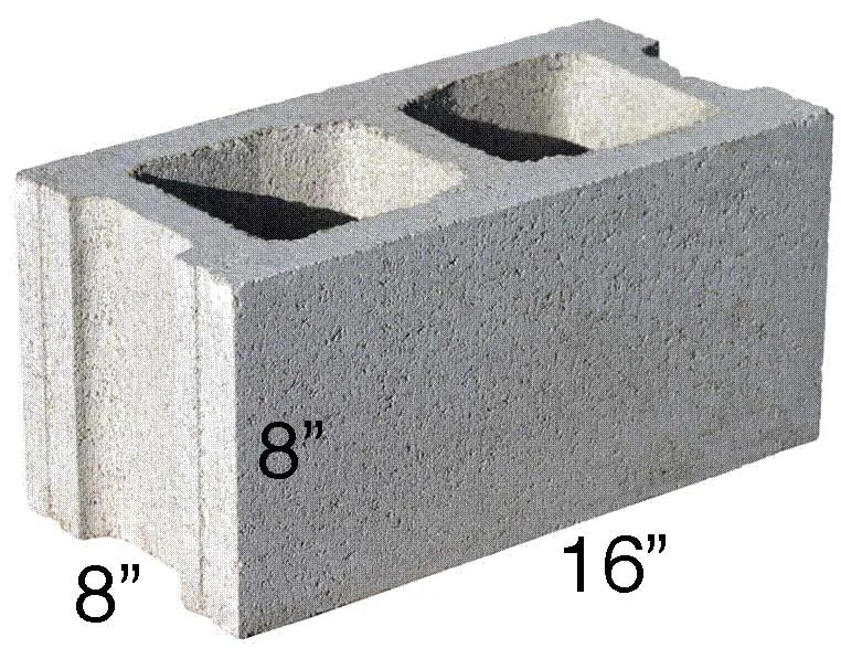 A cinder block with markings showing the dimensions of a stadard block measuring 16 inches wide by 8 inches high by 8 inches deep