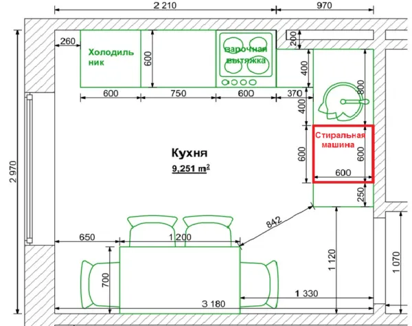 На схеме показано удачное расположение стиральной машины в небольшой кухне типовой многоэтажки.