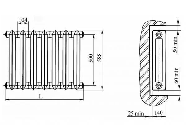 Размеры радиатора МС-140.