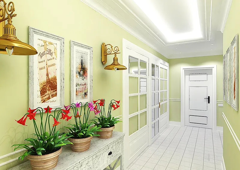 Идеальный вариант – светло-зелёные стены, белый пол и двери. Закажите многоуровневый потолок с вставкой из светодиодных ламп