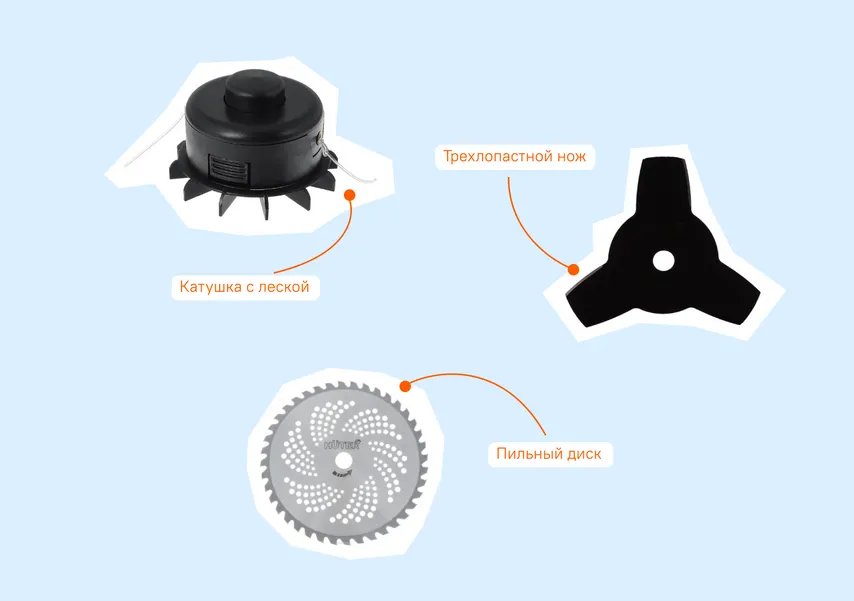Катушка с леской Huter ETH-400, трехлопастный нож Huter GTD-3T, пильный диск Huter GTD-40TP