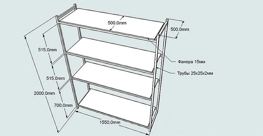 Схема устройства с монтажными размерами стеллажа под инструмент в мастерской