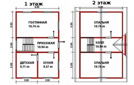 планировка двухэтажного дома 6x9