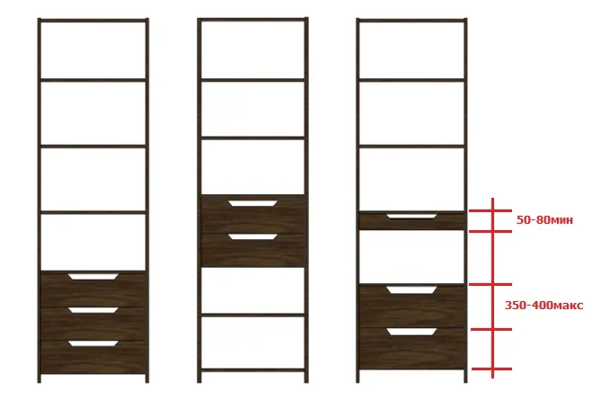 схемы секций шкафа-купе с полками и ящиками