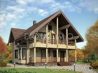 Проект деревянного дома из бруса с мансардой и просторными террасами